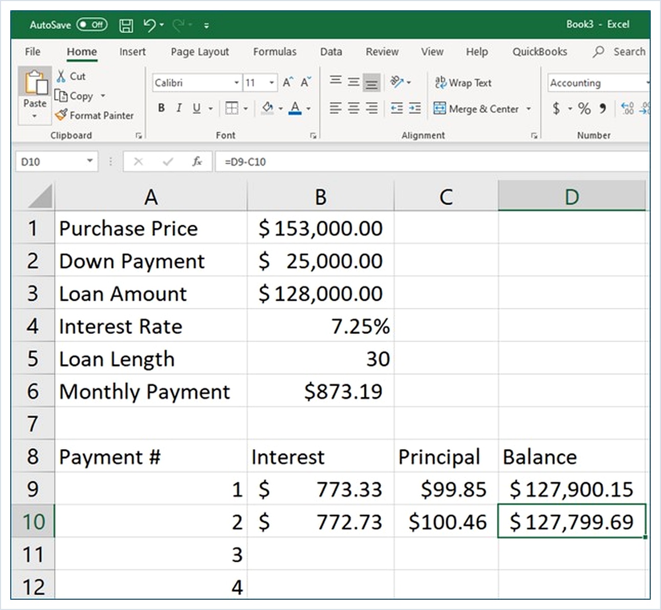 Microsoft Excel lesson screenshot Amort5