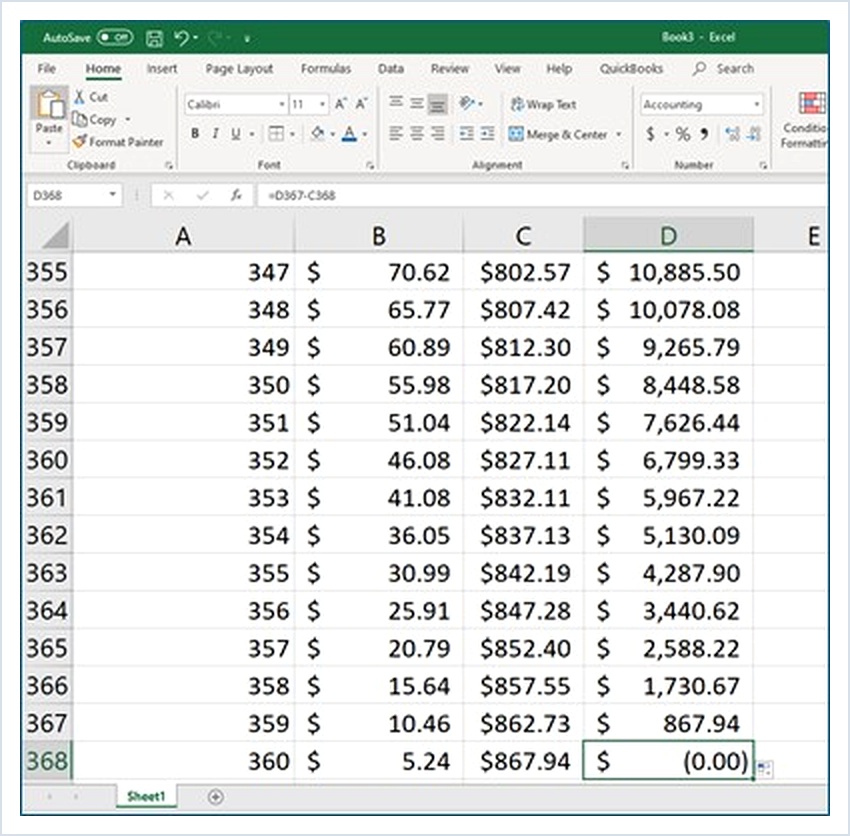 Microsoft Excel lesson screenshot Amort7