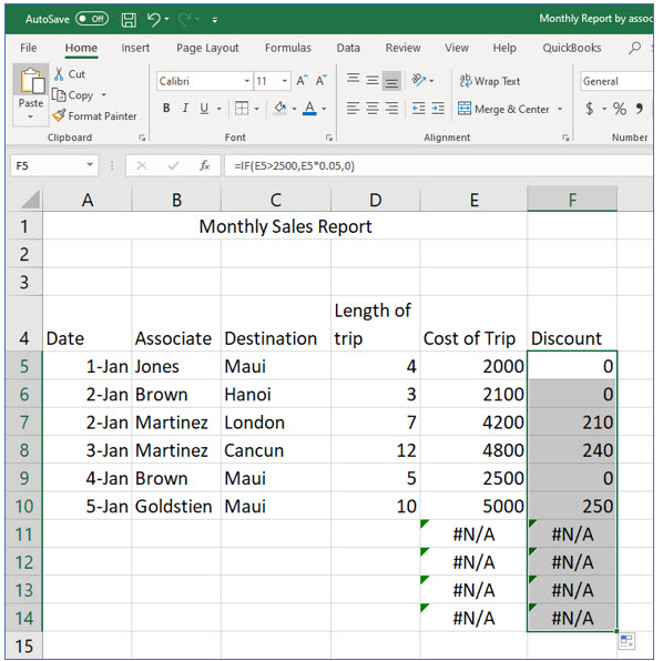Excel worksheet showing the IF formula copied through the Discount column