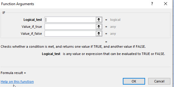 Excel IF function arguments showing the logical test, true result, and false result