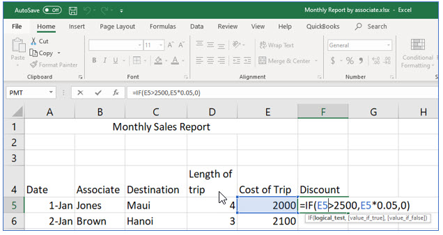 Excel worksheet showing the IF formula used to calculate a trip discount