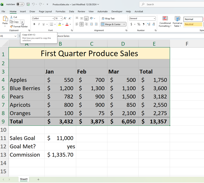 Selected Excel range ready to copy