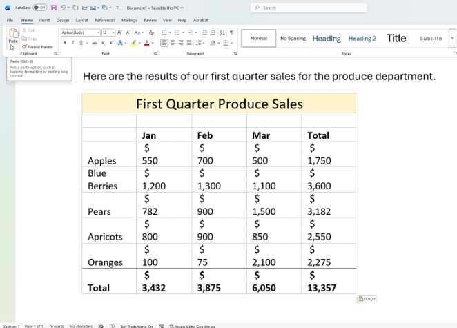 Excel data pasted into Word as a Word table