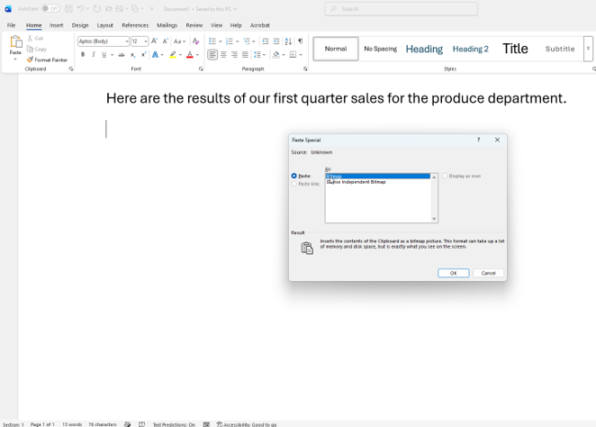 Paste Special dialog box with Bitmap selected