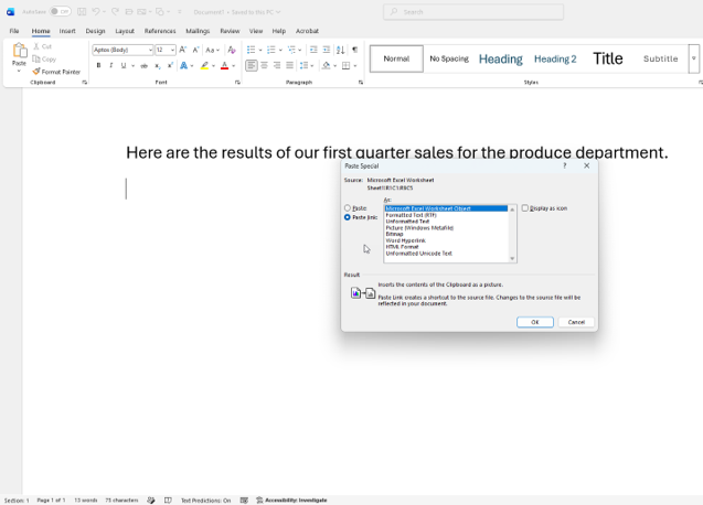 Paste Link selected for an Excel Worksheet Object