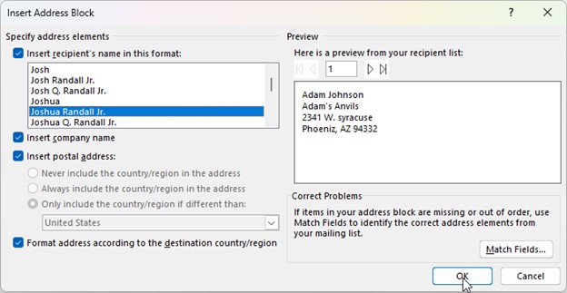 Microsoft Word lesson screenshot MMAddressBlock