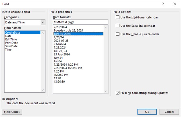 Microsoft Word lesson screenshot MMFieldCategories
