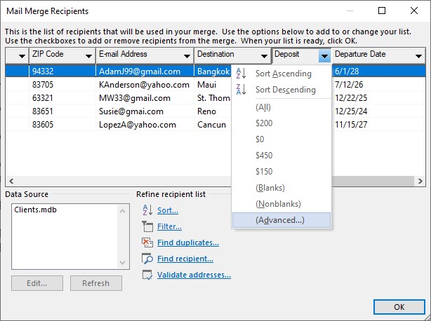 Microsoft Word lesson screenshot MMFilterAdvanced
