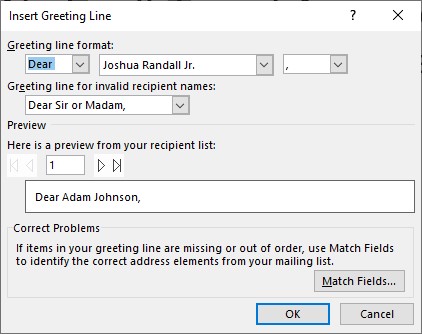 Microsoft Word lesson screenshot MMGreetingLine