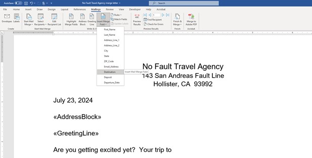 Microsoft Word lesson screenshot MMInsertMergeField