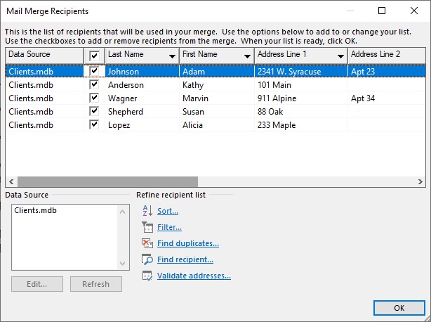 Microsoft Word lesson screenshot MMRecipientsList