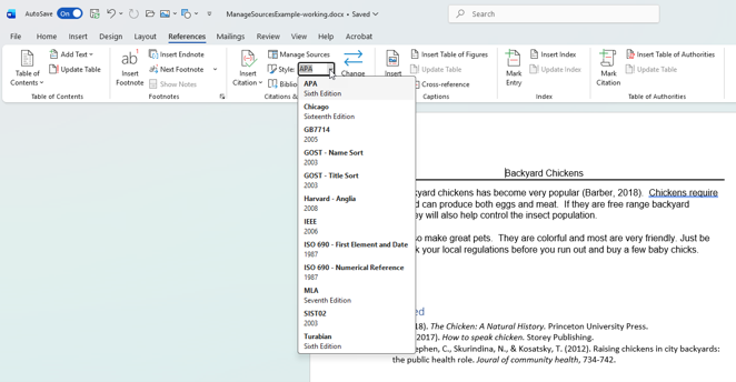 References tab showing citation styles
