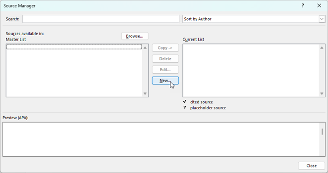Source Manager with New button