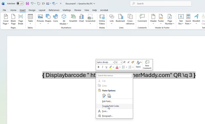 Completed Microsoft Word DISPLAYBARCODE field containing a website address